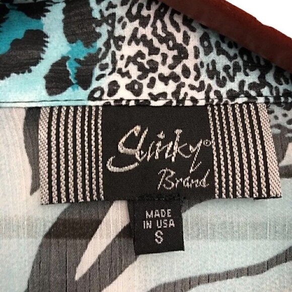 Slinky Brand ladies Blue leopard silky top button down Bell Sleeve Sheer SZ S - Picture 5 of 6